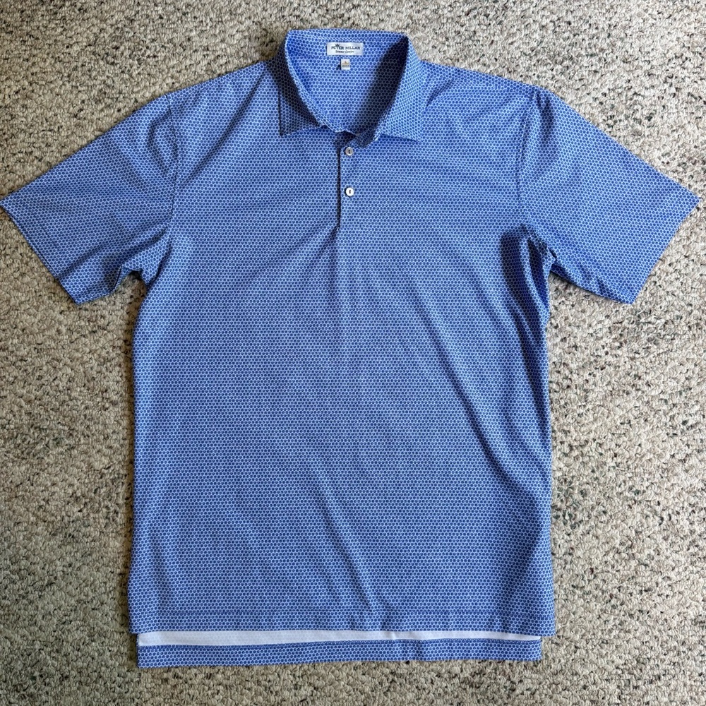 Peter Millar Summer Comfort Performance Golf Blue Dice Patterned Polo Shirt L